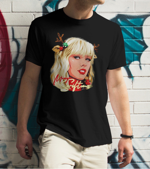 Merry Swiftmas Christmas Reindeer Antlers Bluscious Red Lips Holiday T-Shirt