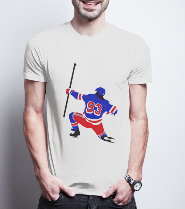 Mika Zibanejad Number 93 Hockey Celebration Iconic Bowing Pose T-Shirt