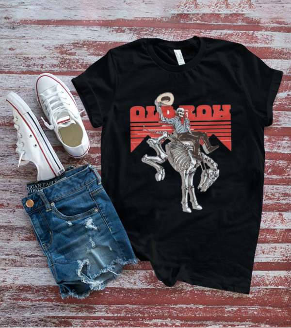 Old Row Skeleton Cowboy Riding A Skeleton Horse With Red Background Stripes T-Shirt
