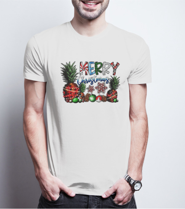 Merry Christmas Pineapple Lights With Snowflakes And Festive Fruits T-Shirt