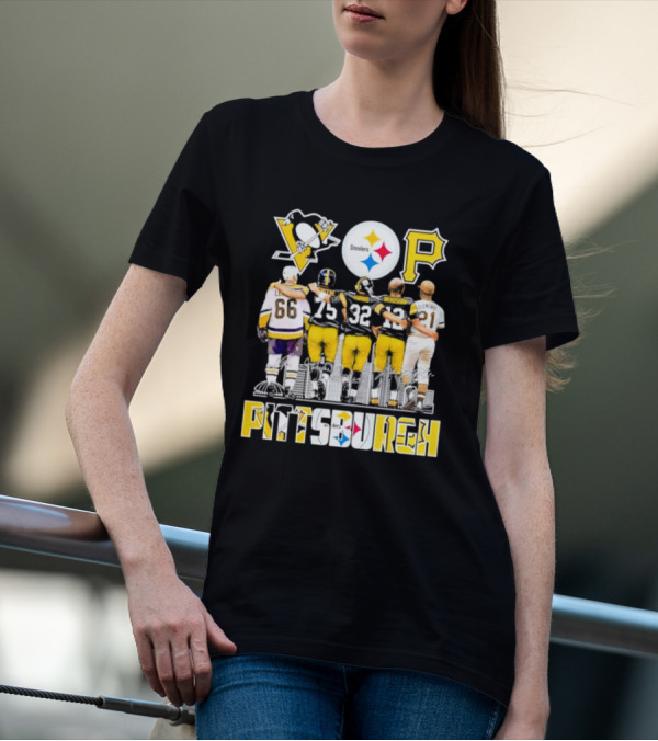 Pittsburgh Steelers Penguins Pirates Mario Lemieux Kevin Greene Franco Harris Terry Bradshaw Signatures T-Shirt