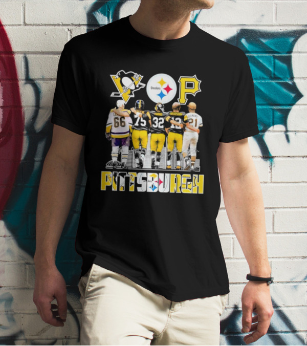Pittsburgh Steelers Penguins Pirates Mario Lemieux Kevin Greene Franco Harris Terry Bradshaw Signatures T-Shirt