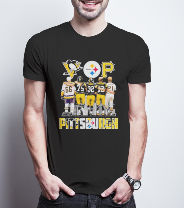 Pittsburgh Steelers Penguins Pirates Mario Lemieux Kevin Greene Franco Harris Terry Bradshaw Signatures T-Shirt