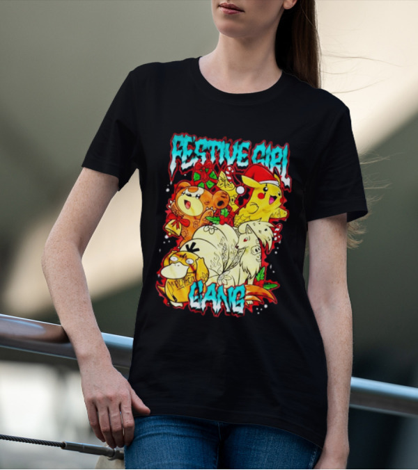 Festive Girl Gang Pokémon Pikachu Psyduck Clefairy Vulpix Christmas T-Shirt