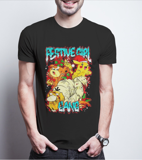 Festive Girl Gang Pokémon Pikachu Psyduck Clefairy Vulpix Christmas T-Shirt