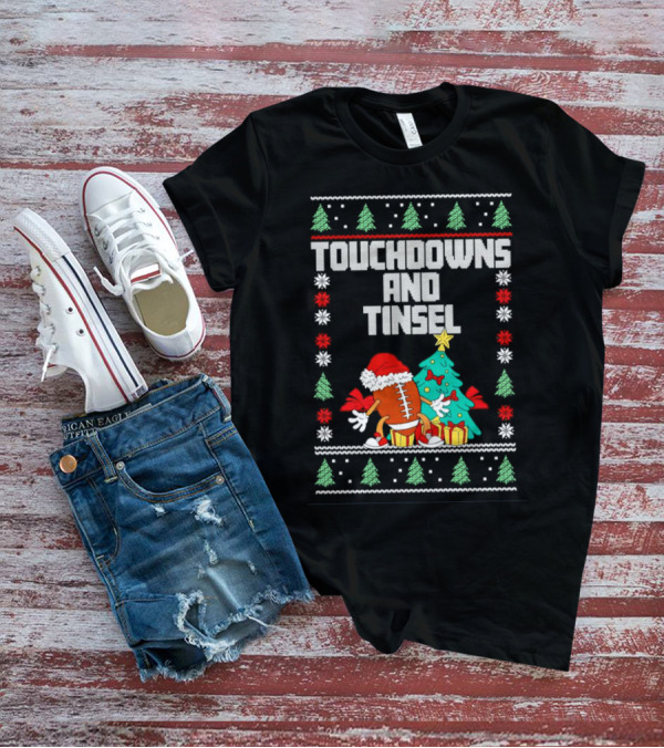 Touchdowns And Tinsel Christmas Football Santa With Tree And Gifts T-Shirt