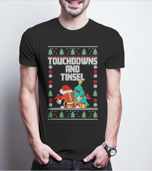 Touchdowns And Tinsel Christmas Football Santa With Tree And Gifts T-Shirt