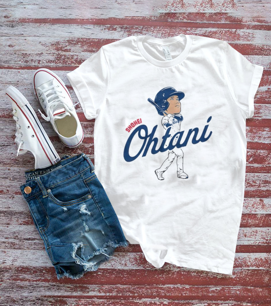 Shohei Ohtani Baseball Caricature With Blue Helmet And Batting Pose T-Shirt