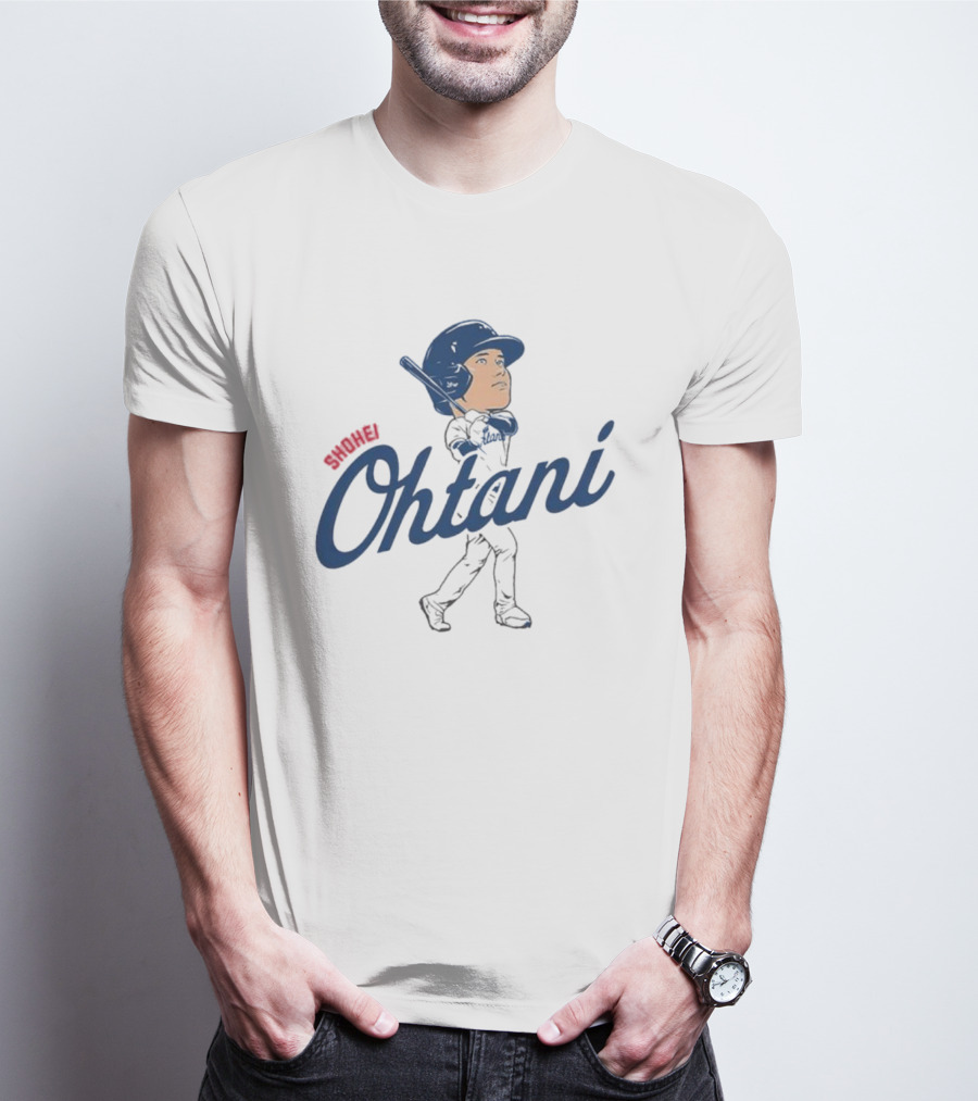 Shohei Ohtani Baseball Caricature With Blue Helmet And Batting Pose T-Shirt