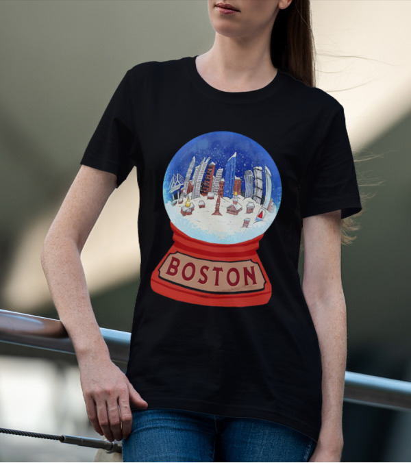 Boston Cityscape Snow Globes Christmas Holiday Scene T-Shirt