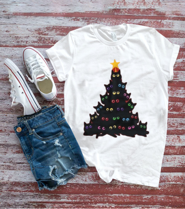 Cat Christmas Tree With Colorful Eyes And Star Top T-Shirt