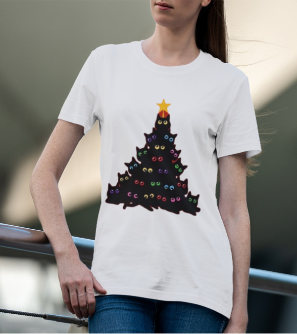 Cat Christmas Tree With Colorful Eyes And Star Top T-Shirt