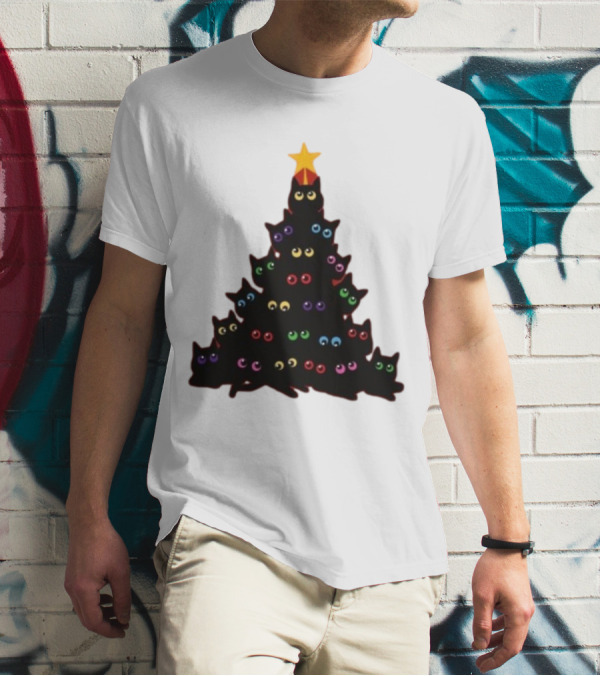 Cat Christmas Tree With Colorful Eyes And Star Top T-Shirt