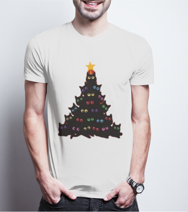 Cat Christmas Tree With Colorful Eyes And Star Top T-Shirt