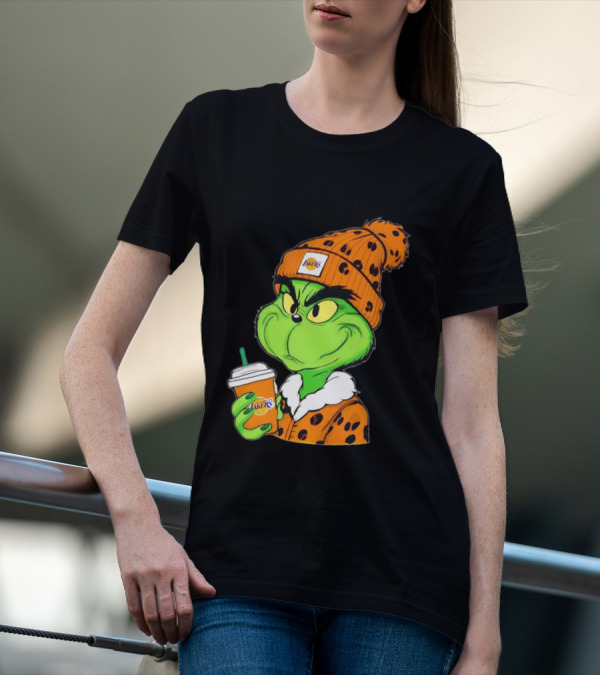 Grinch Drinking Los Angeles Lakers Cup Wearing Beanie T-Shirt