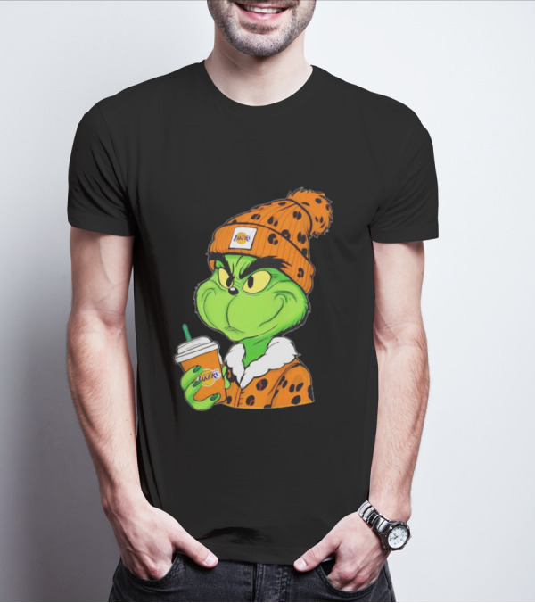 Grinch Drinking Los Angeles Lakers Cup Wearing Beanie T-Shirt