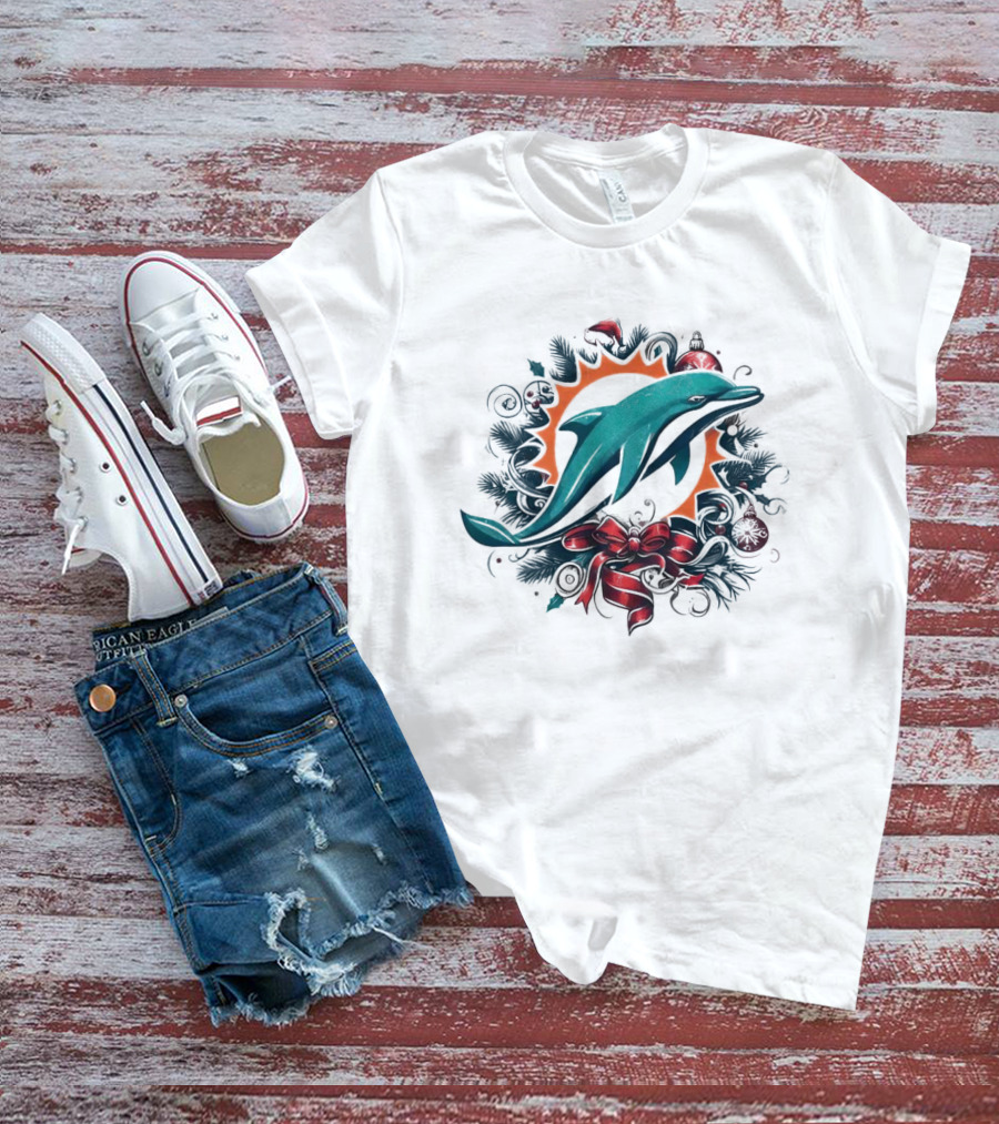 Miami Dolphins Holiday Wreath Christmas Ornament Bow T-Shirt