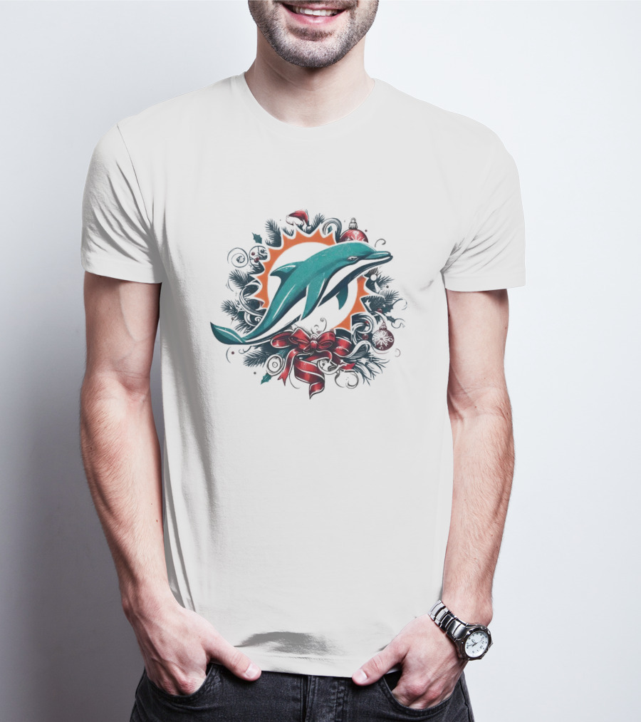 Miami Dolphins Holiday Wreath Christmas Ornament Bow T-Shirt