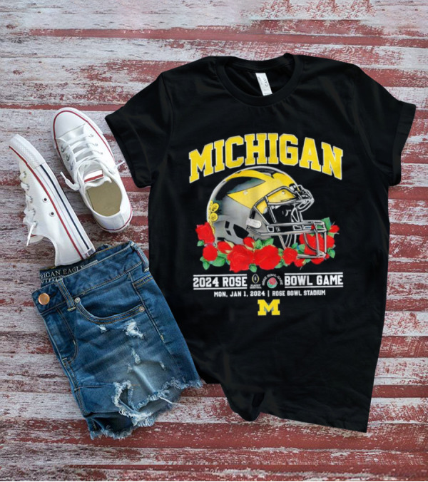 Michigan Wolverines January 1 2024 Rose Bowl Stadium Football Helmet And Red Roses T-Shirt