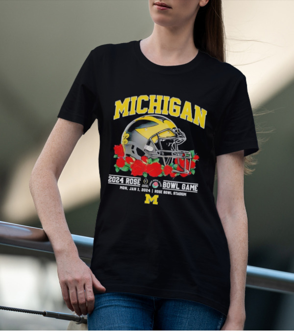 Michigan Wolverines January 1 2024 Rose Bowl Stadium Football Helmet And Red Roses T-Shirt