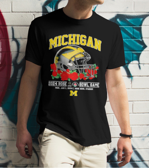 Michigan Wolverines January 1 2024 Rose Bowl Stadium Football Helmet And Red Roses T-Shirt