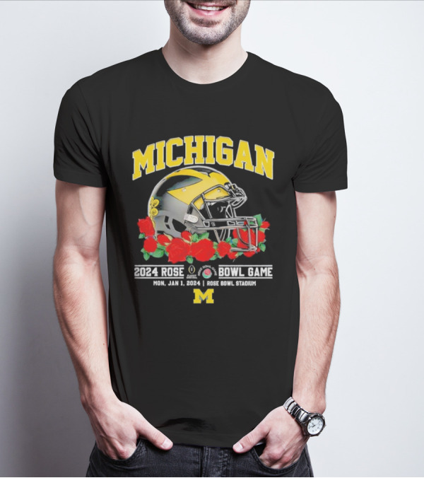 Michigan Wolverines January 1 2024 Rose Bowl Stadium Football Helmet And Red Roses T-Shirt