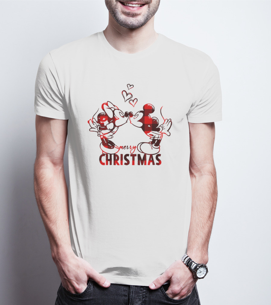 Mickey Minnie Kissing Merry Christmas Hearts Red Plaid T-Shirt