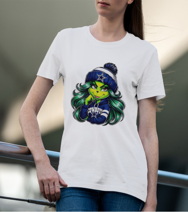 Grinch Girl In Dallas Cowboys Hat And Hoodie With Star T-Shirt
