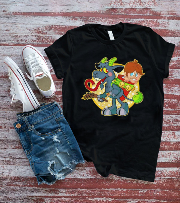 Krampus Rankin-Kramp Cartoon Goat With Red Backpack And Child T-Shirt