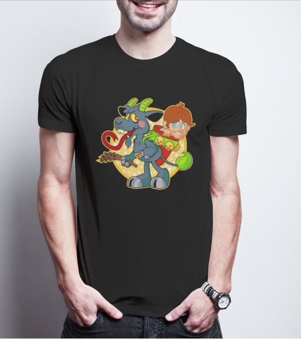 Krampus Rankin-Kramp Cartoon Goat With Red Backpack And Child T-Shirt