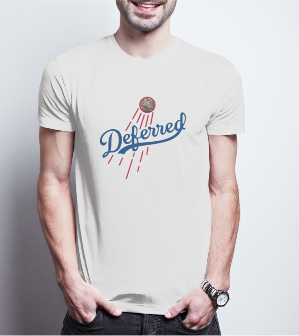 Los Angeles Dodgers Deferred Blue Script With Baseball And Red Streaks T-Shirt