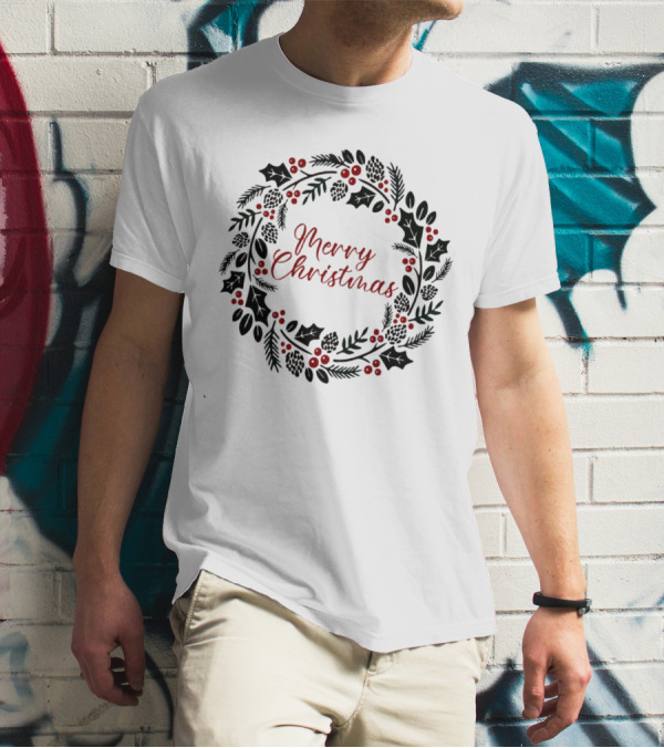 Merry Christmas Wreath With Pinecones And Holly T-Shirt