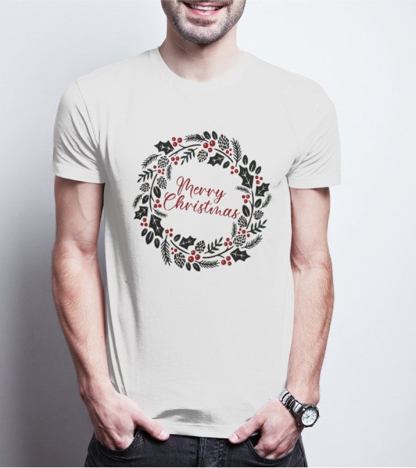 Merry Christmas Wreath With Pinecones And Holly T-Shirt