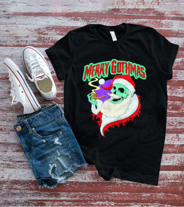 Merry Gothmas Skull Santa Smoking Holiday Greeting T-Shirt