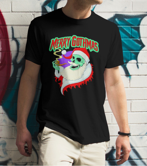 Merry Gothmas Skull Santa Smoking Holiday Greeting T-Shirt