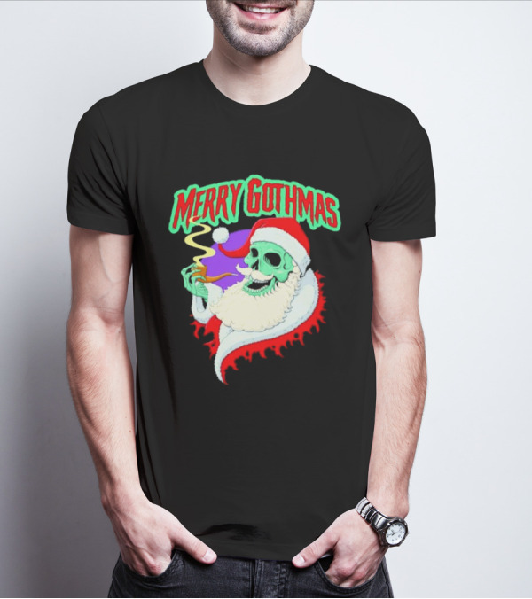 Merry Gothmas Skull Santa Smoking Holiday Greeting T-Shirt
