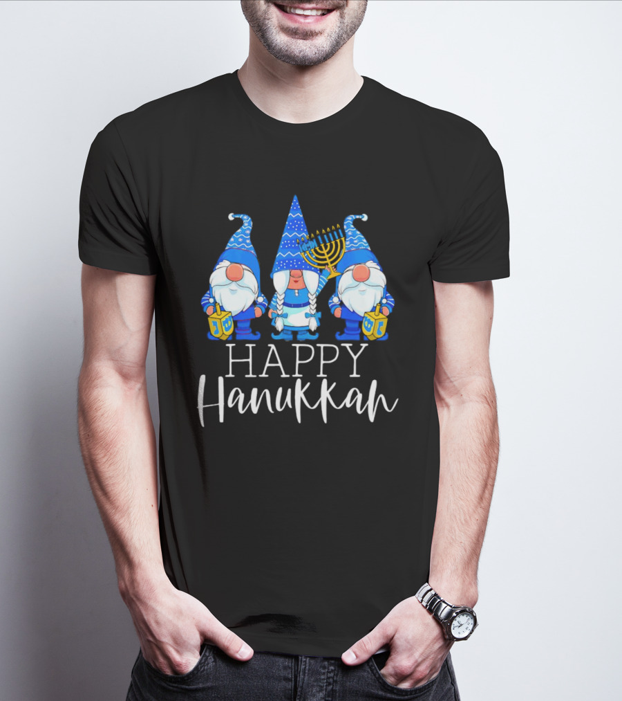 Gnomes Celebrating Hanukkah With Menorah And Dreidel T-Shirt