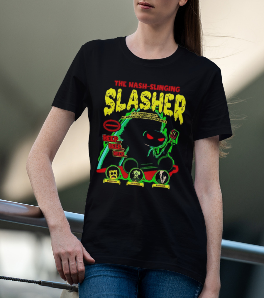 The Hash-Slinging Slasher Every Tuesday Night Beep Beep Featuring Spongebob Squidward Nosferatu T-Shirt