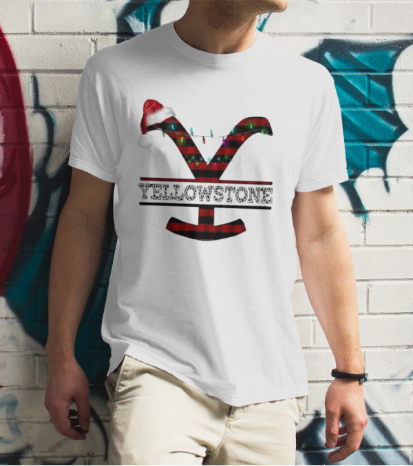 Yellowstone Christmas Santa Hat Lights Buffalo Plaid T-Shirt