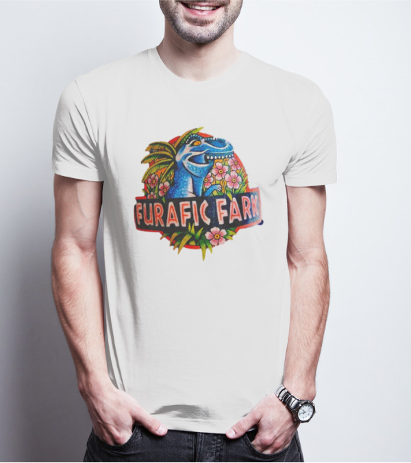 Furafic Fark Dinosaur With Tropical Flowers And Palm Leaves T-Shirt