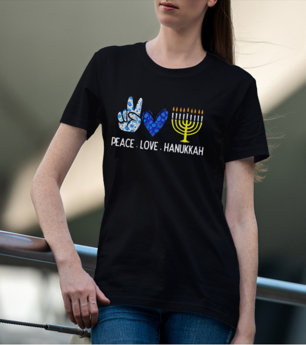 Peace Love Hanukkah Menorah Symbol Blue T-Shirt