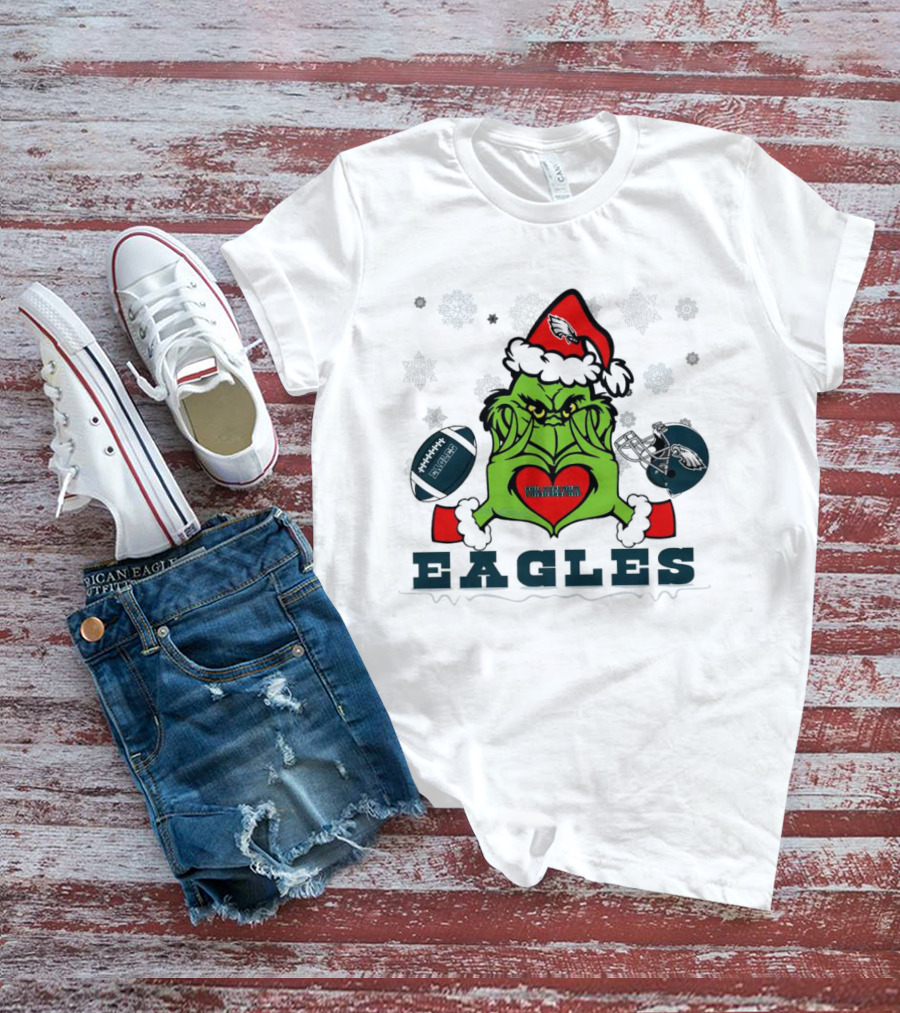 Grinch Santa Heart Philadelphia Eagles Christmas Football Helmet T-Shirt