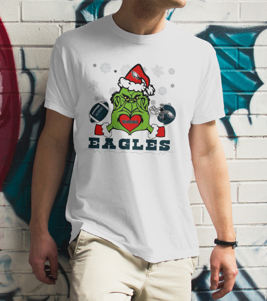 Grinch Santa Heart Philadelphia Eagles Christmas Football Helmet T-Shirt