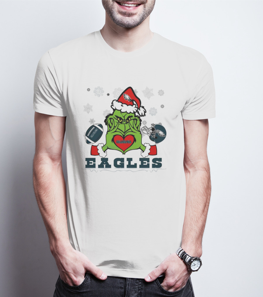 Grinch Santa Heart Philadelphia Eagles Christmas Football Helmet T-Shirt