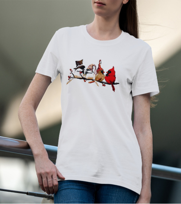 Cardinals And Chickadees On Festive Branch Merry Christmas T-Shirt