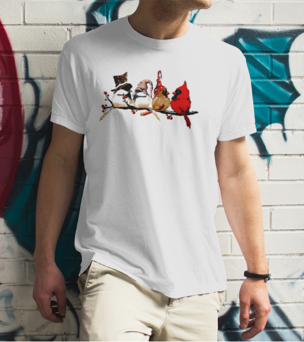Cardinals And Chickadees On Festive Branch Merry Christmas T-Shirt