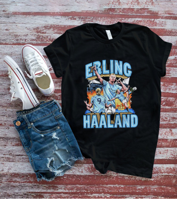 Erling Haaland MCFC Soccer Collage With Fiery Stadium Background T-Shirt