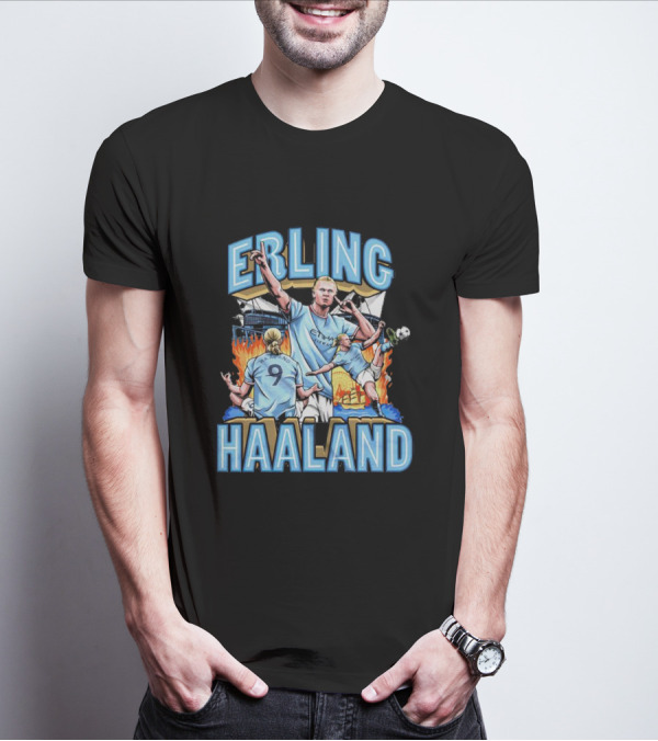 Erling Haaland MCFC Soccer Collage With Fiery Stadium Background T-Shirt