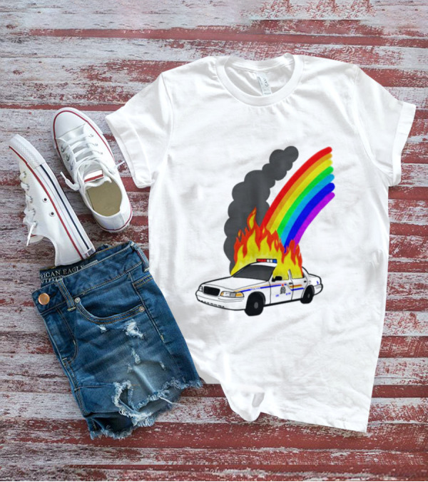 Police Car On Fire With Rainbow Flames T-Shirt