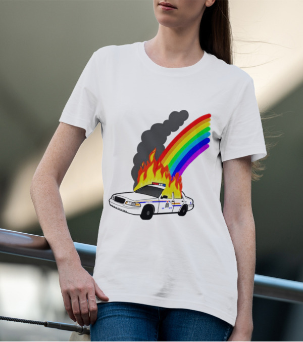 Police Car On Fire With Rainbow Flames T-Shirt
